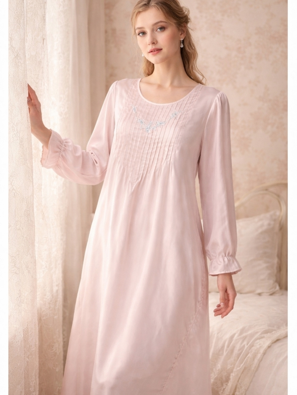 Vintage Barbizon Baby Pink Nightgown Embroidered Pintuck Long Sleeve Romantic Co